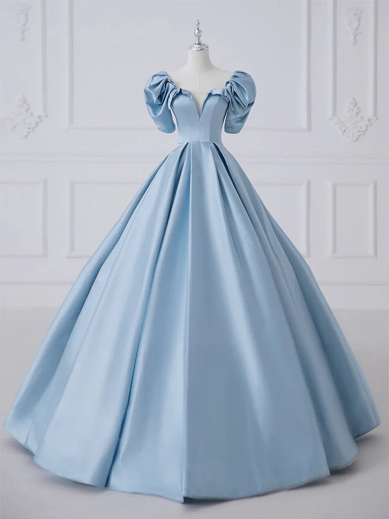 Elegant A-line satin long formal gown worn by a woman.