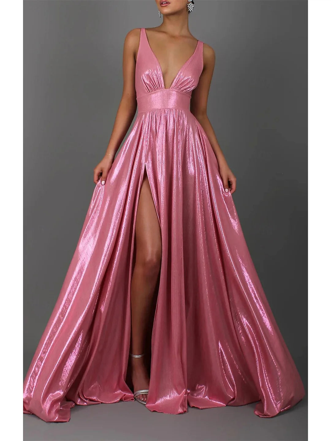 Full view of an elegant A-line sleeveless V-neck floor-length prom dress in a formal setting.