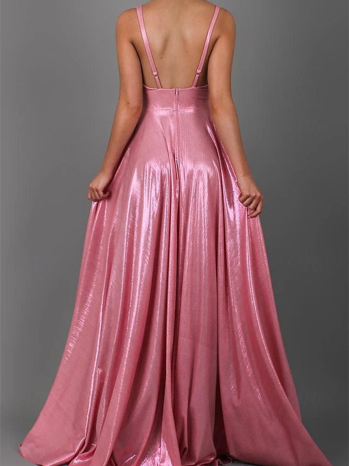 Side view of an A-line sleeveless V-neck floor-length prom dress, highlighting its flowing silhouette.
