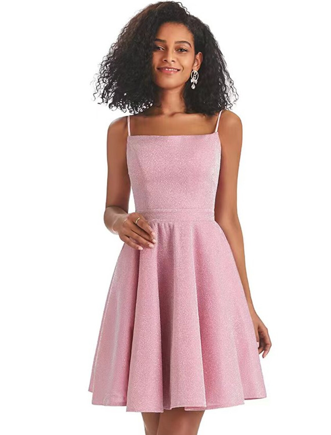 Pink A-line sequin homecoming dress with spaghetti straps.