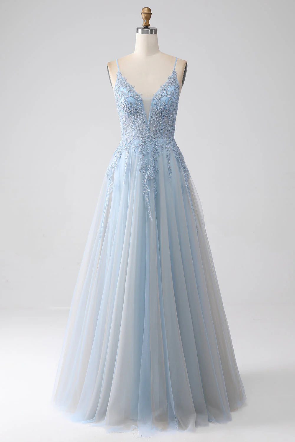 A-line spaghetti strap prom dress in grey blue with beading, front view.