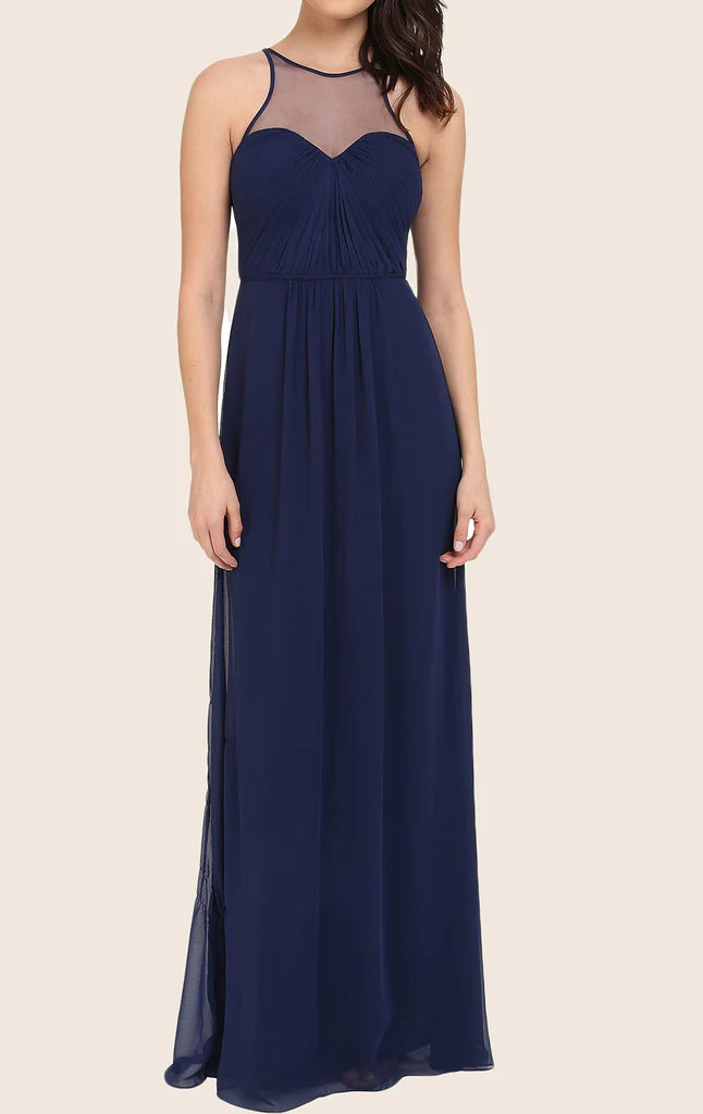 Elegant chiffon maxi prom dress with spaghetti straps.