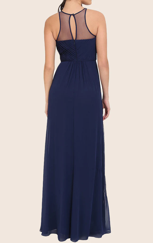 Side view of a flowing A-line formal gown.