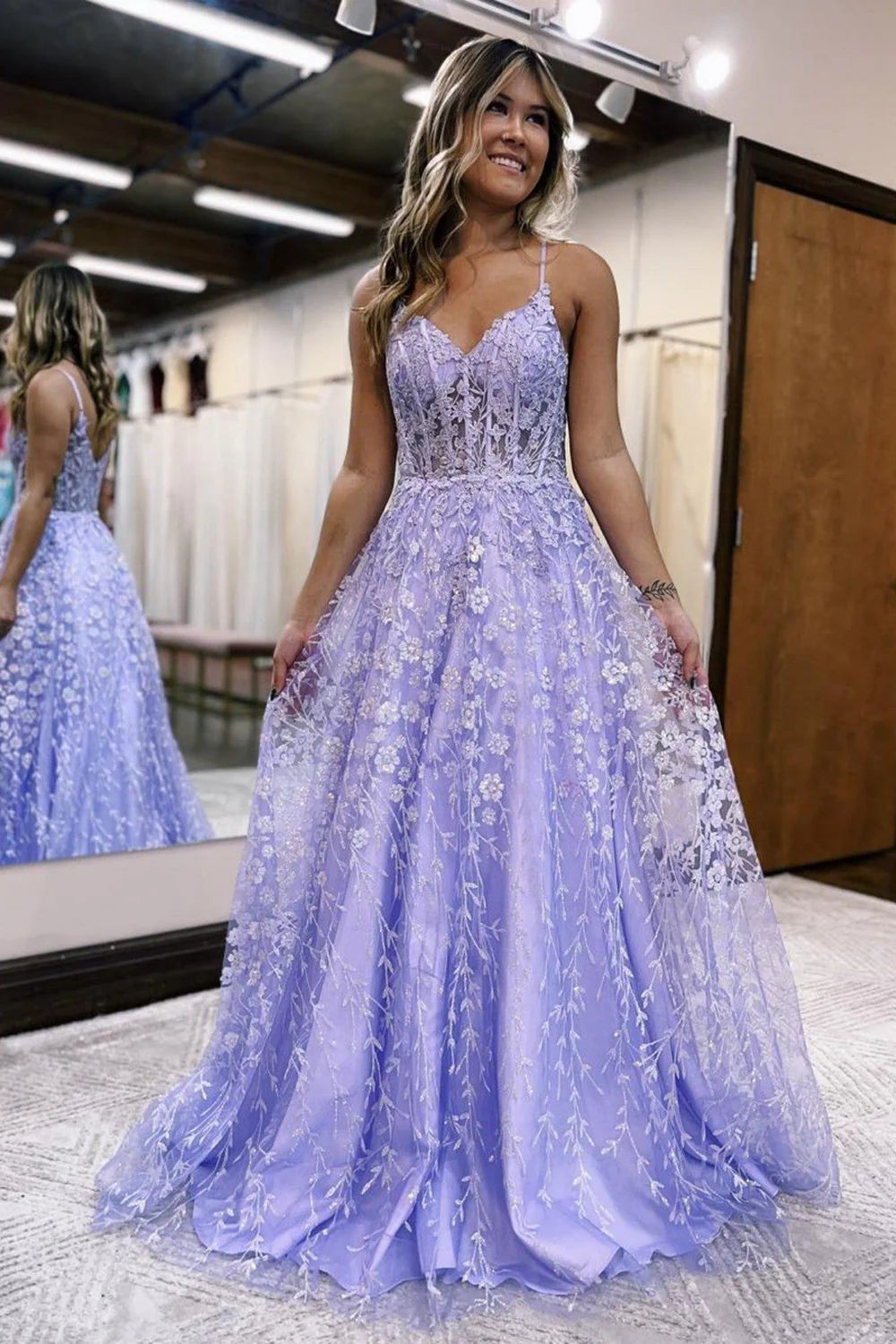 A-Line spaghetti strap corset prom dress in lilac.