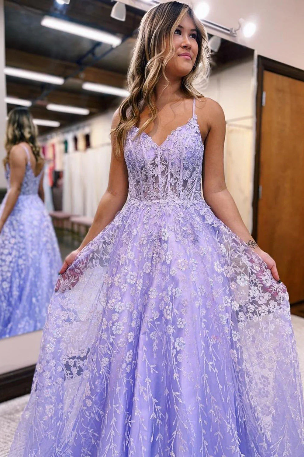 Side view of lilac A-Line prom dress, showing full skirt.