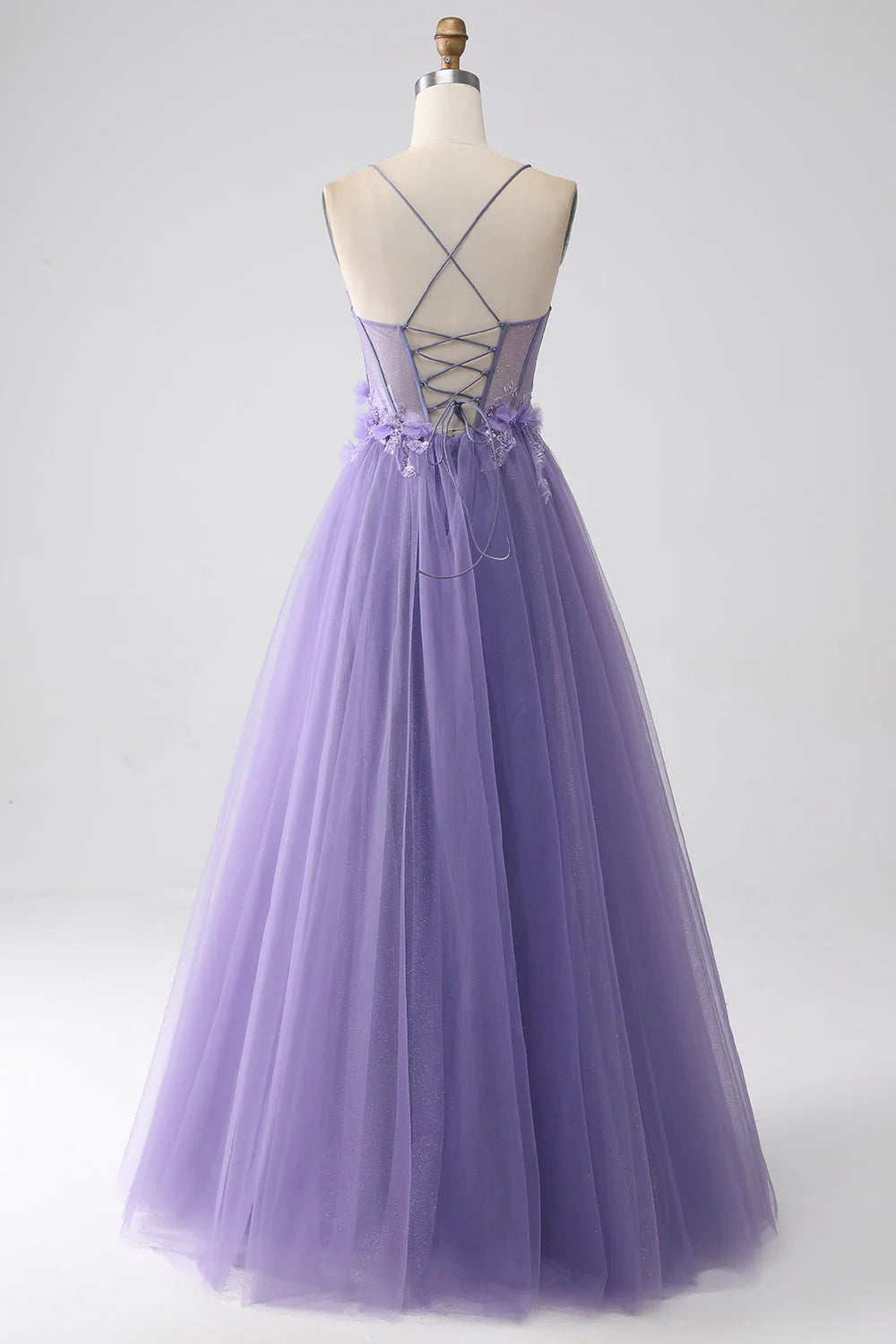 Back view of a purple A-line corset prom dress with delicate 3D flowers.
