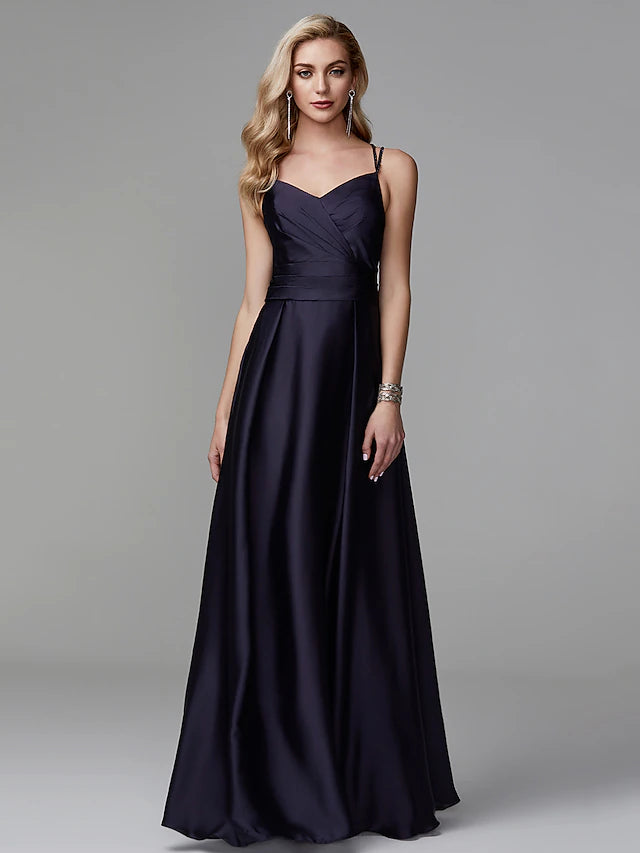 Elegant A-Line satin prom dress with spaghetti straps and a beautiful crisscross back.