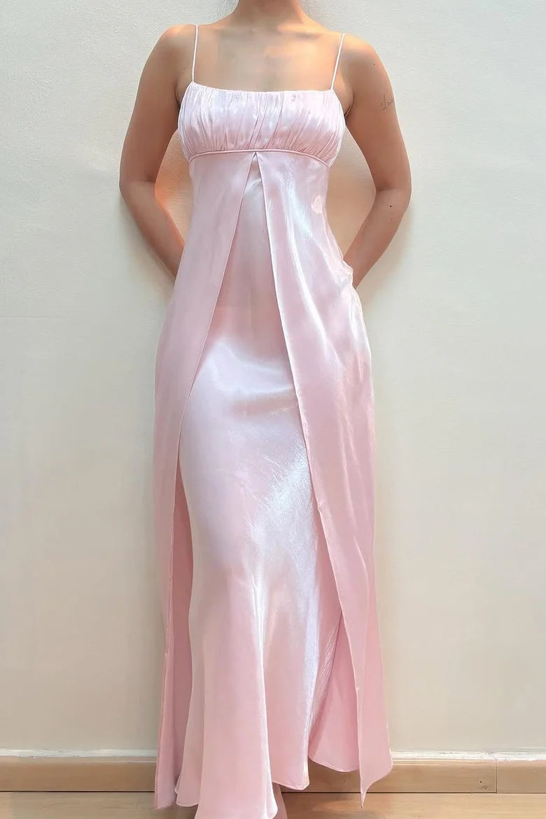 Elegant pink A-line prom dress with spaghetti straps.