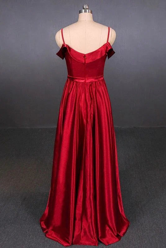 Sophisticated A-line formal gown with spaghetti straps, side view.