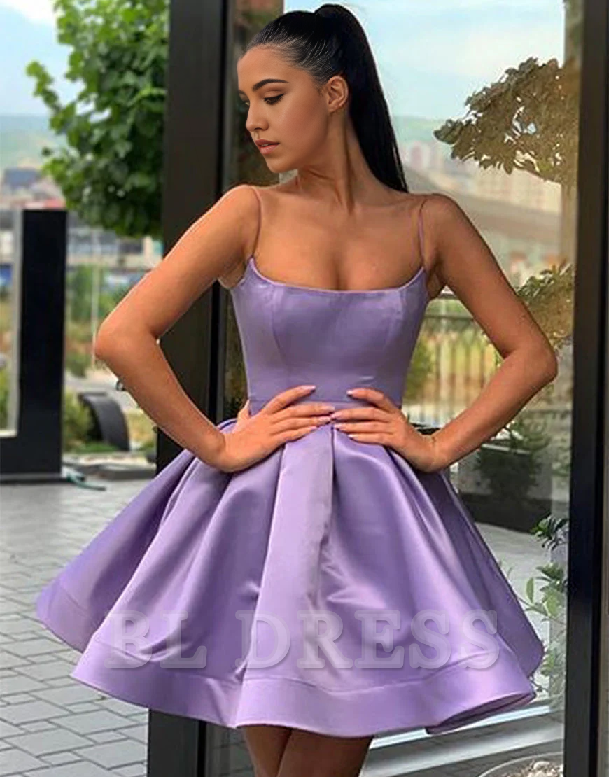 Lilac satin A-line short dress with spaghetti straps.