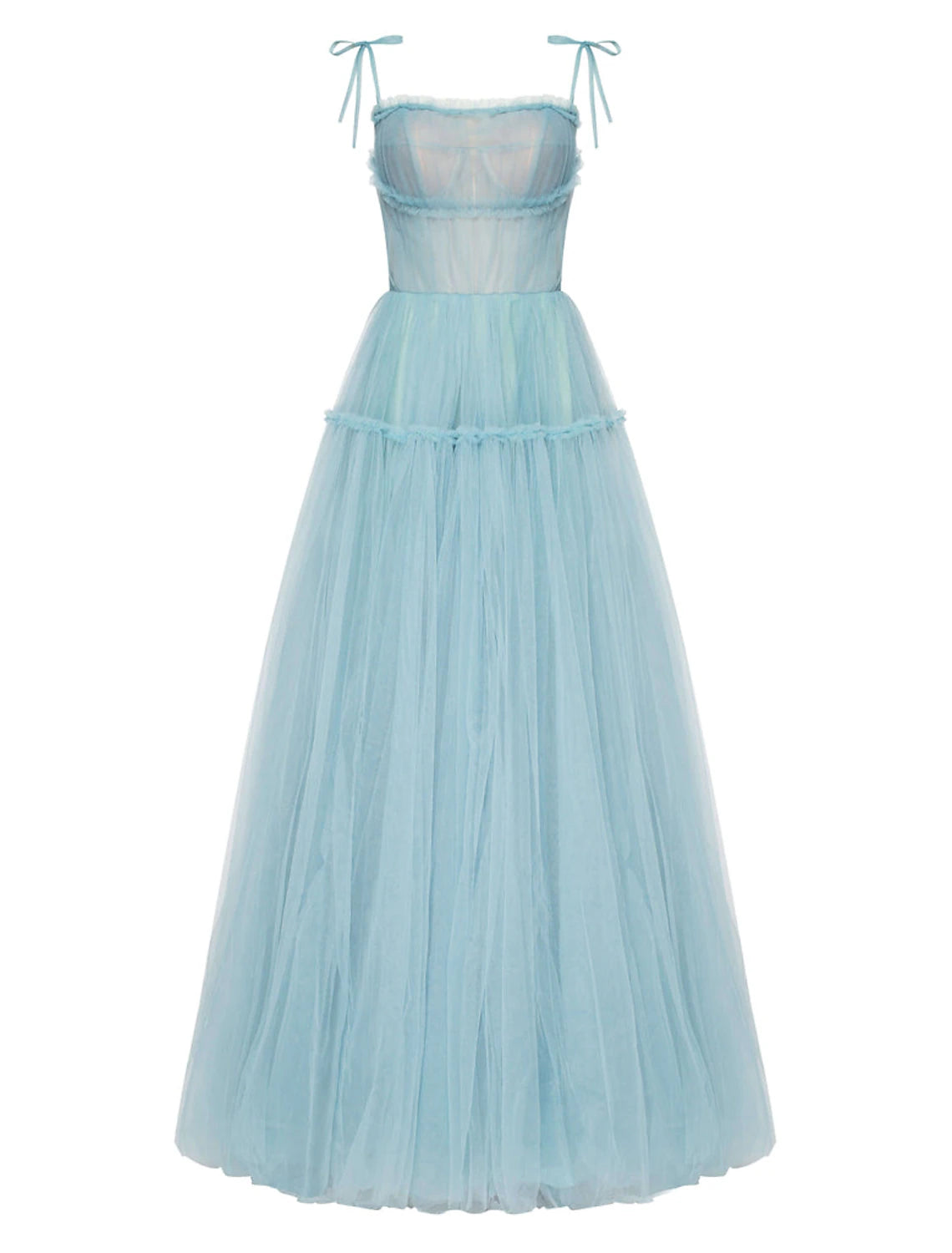 Elegant A-line tulle prom dress with spaghetti straps and pleats.