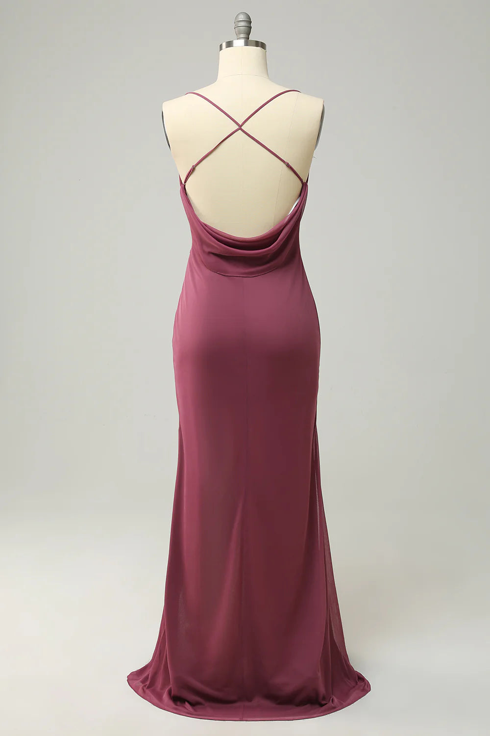 Side view of the desert rose long prom dress, highlighting the flowing A-line skirt.