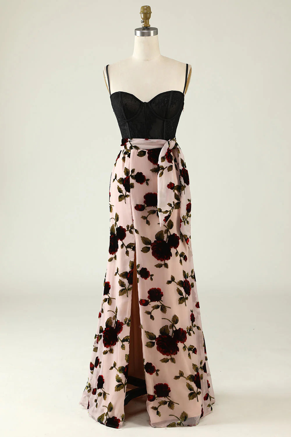 Elegant A-line prom dress in dusk with spaghetti straps and a high slit.