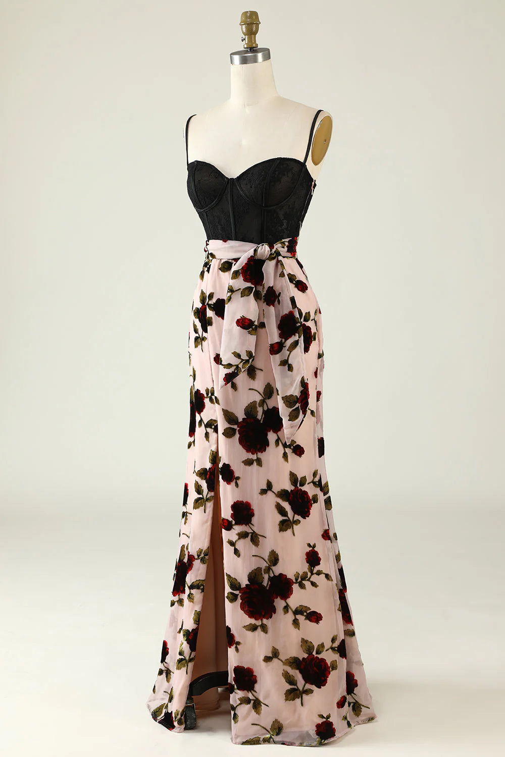 Back view of the elegant dusk prom dress with spaghetti straps.