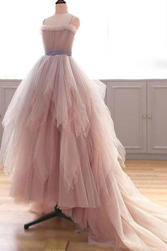 Elegant A-line prom dress with spaghetti straps and puffy ruffles.