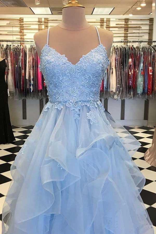 Back view of the elegant spaghetti strap ruffle prom dress.