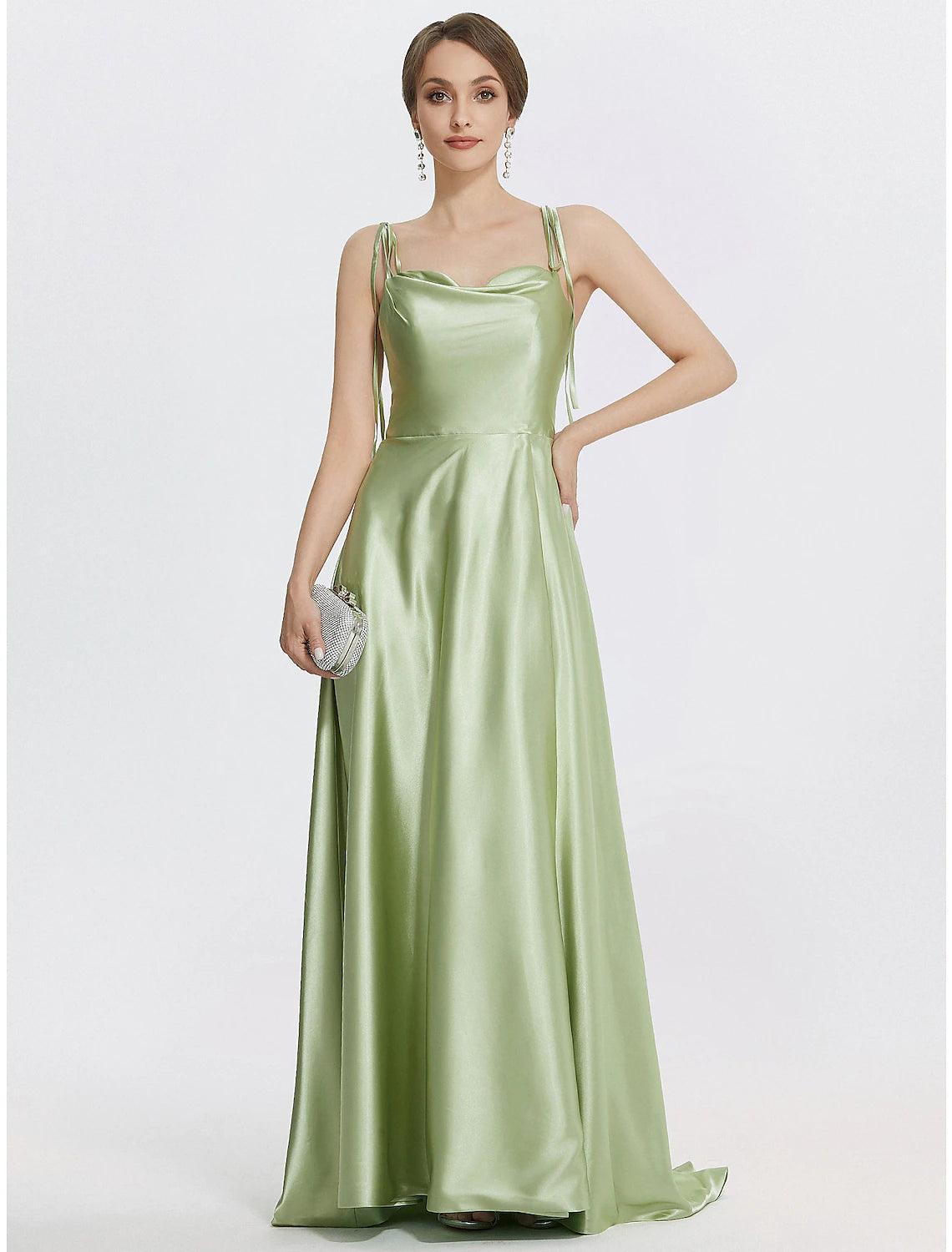 Elegant A-line satin evening gown with spaghetti straps and ruched slit.