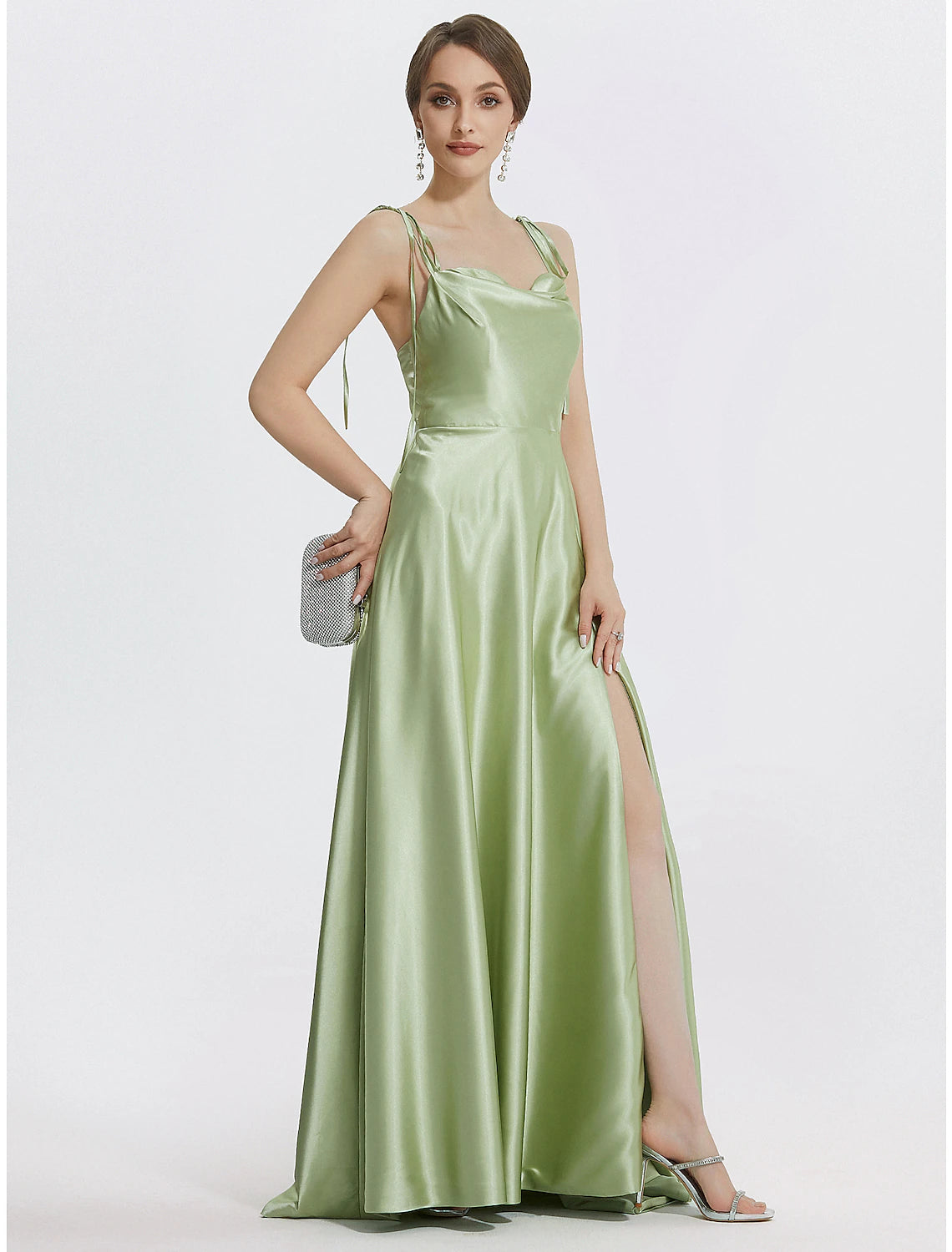 Back view of the elegant A-line satin dress with a graceful silhouette.