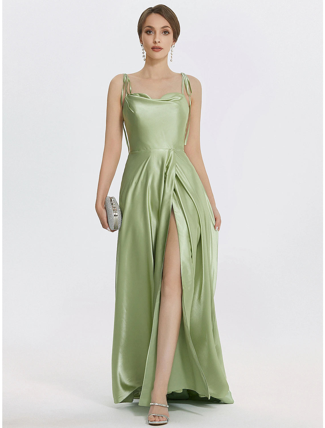 Full view of the A-line satin gown, highlighting its floor-length design.