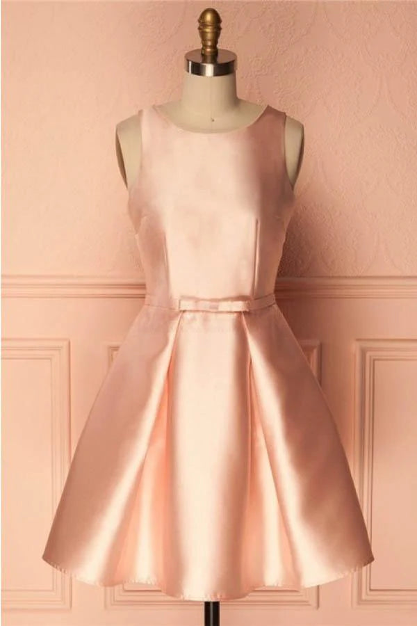 Elegant short satin prom dress with spaghetti straps.