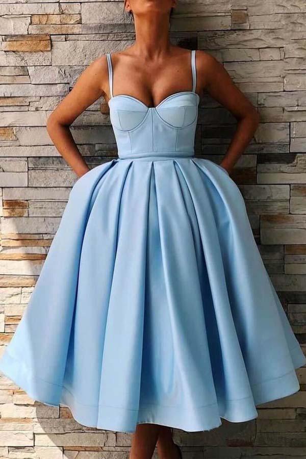 Sky blue satin A-line homecoming dress with spaghetti straps and pockets.