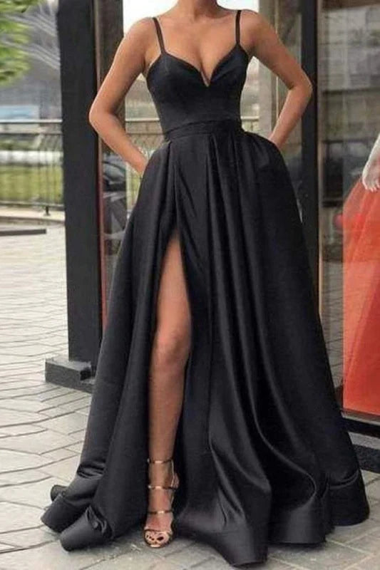 Elegant A-line satin prom dress with spaghetti straps and a side split.