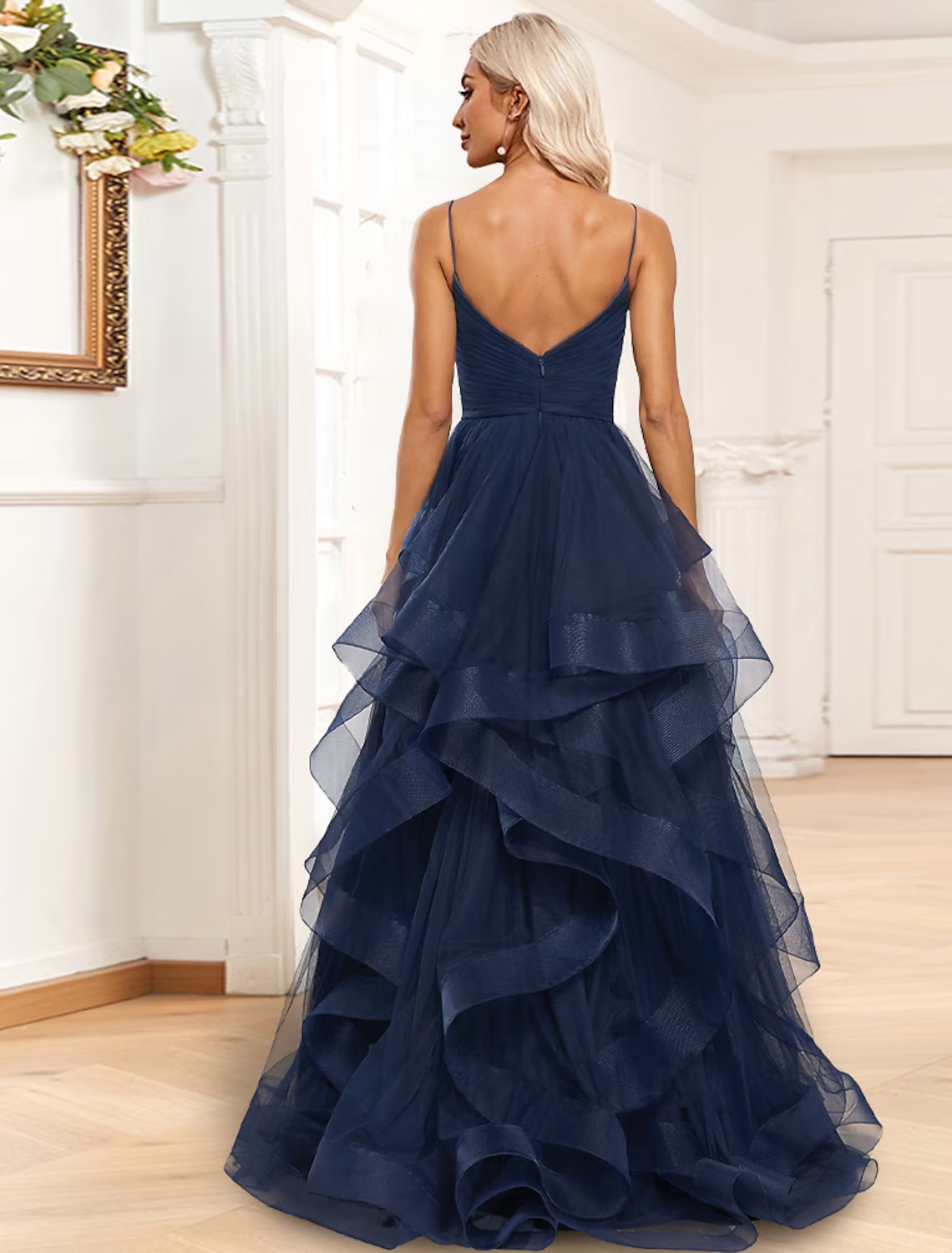 Side view of the formal A-Line dress, showcasing ruched ruffles and sweep train.