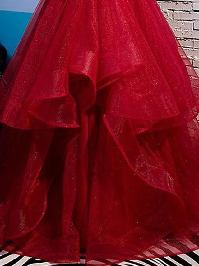 Back view of the ruffled tulle A-line gown, perfect for formal occasions.