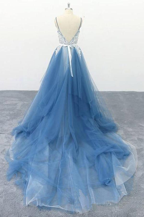 Back view of the appliqued tulle A-line gown.