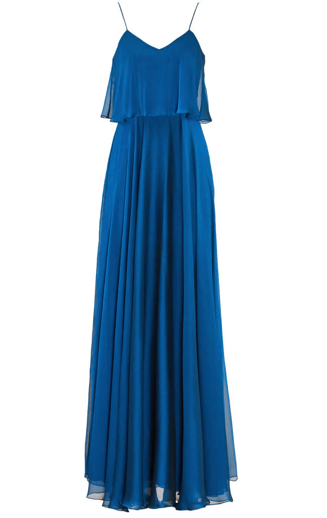 Back view of the simple A-line prom gown.