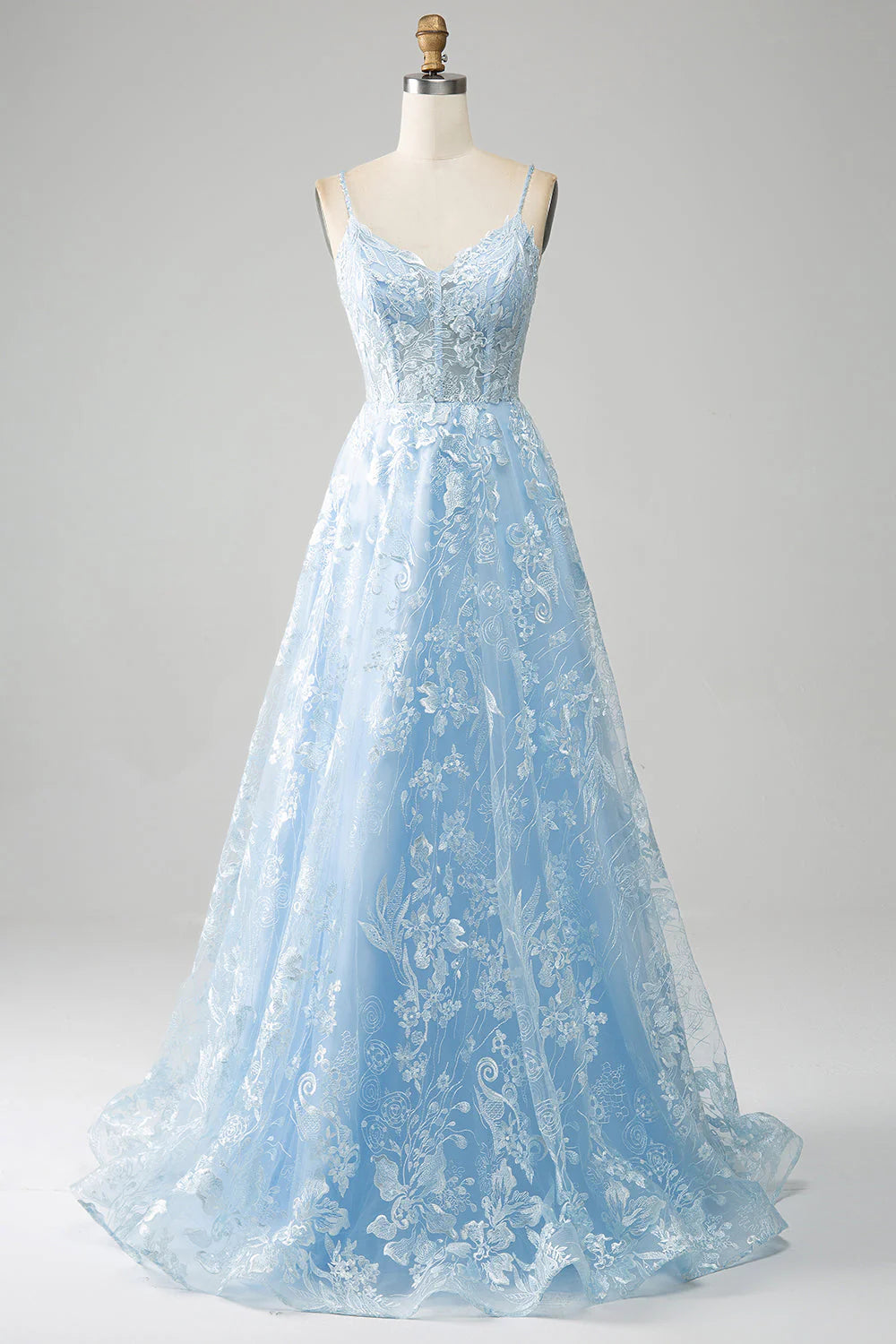 Sky Blue A-Line prom dress with spaghetti straps and lace corset bodice.