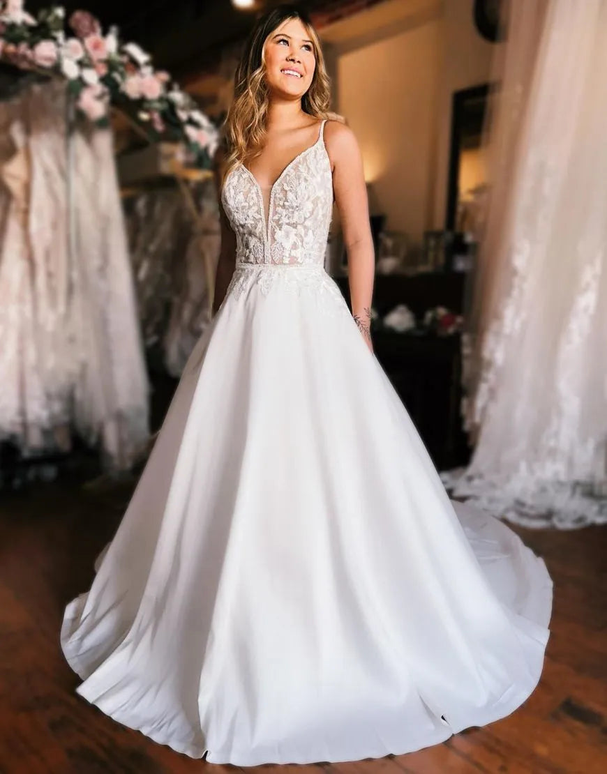 Elegant A-Line Spaghetti Straps Open Back Wedding Dress.