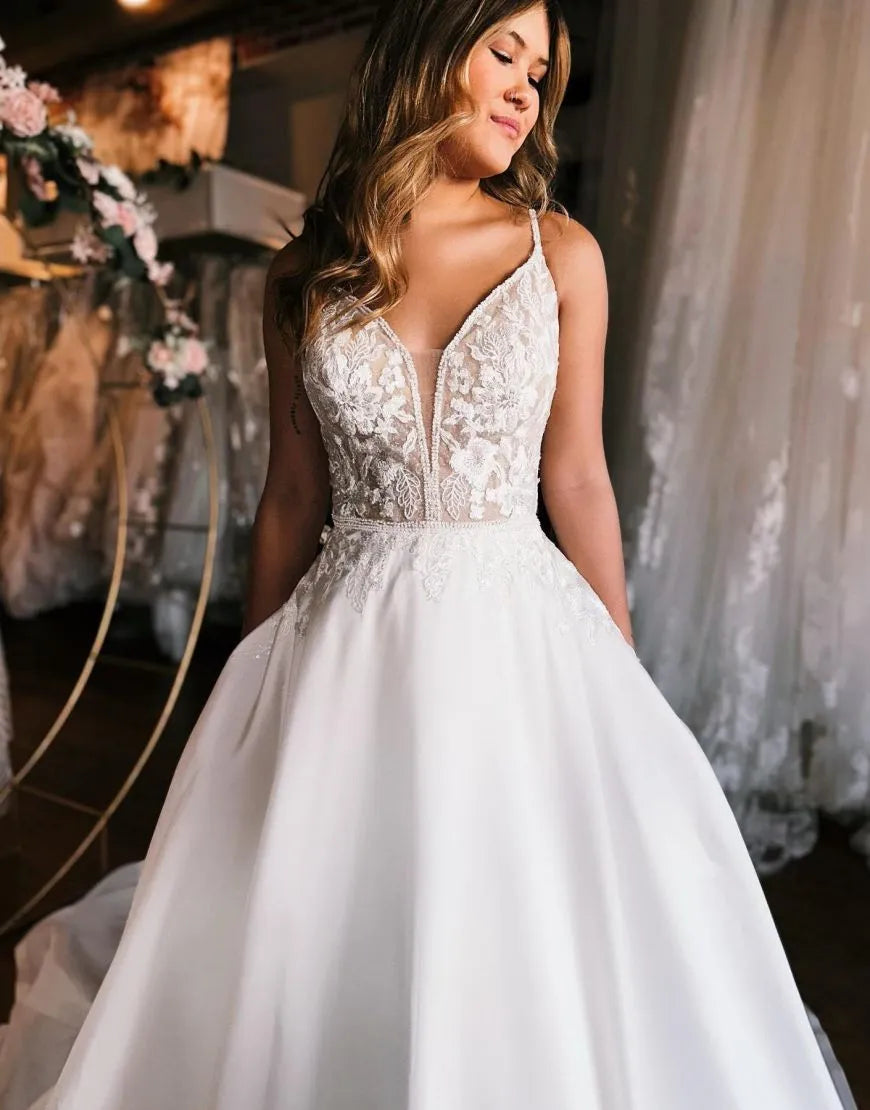 Side view of A-Line Spaghetti Straps Open Back Bridal Gown.