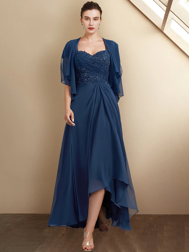 Elegant A-Line Mother of the Bride dress with square neck and cap sleeves.