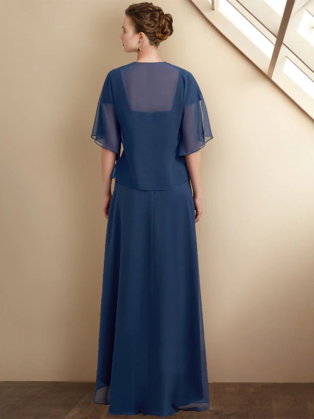 Back view of the elegant chiffon and lace Mother of the Bride dress.
