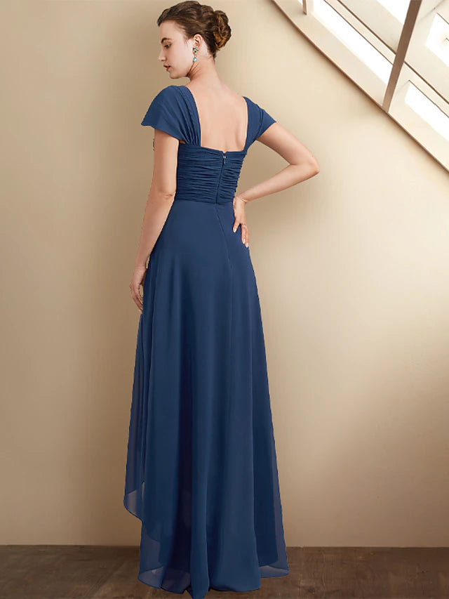 Full view of the tea length Mother of the Bride dress.