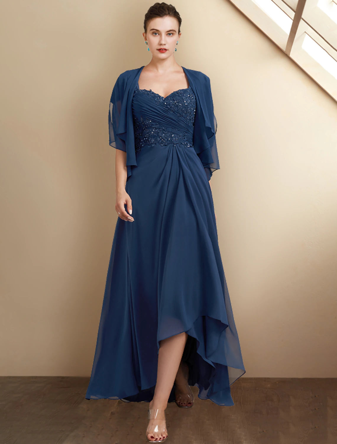 Elegant A-Line dress with square neck, cap sleeves, high-low hem, and side draping.