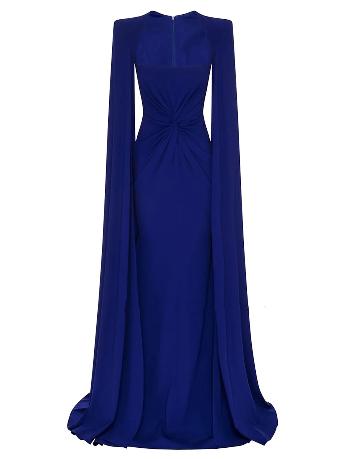 Woman wearing an elegant A-line cape evening gown with a square neckline and sweep train.