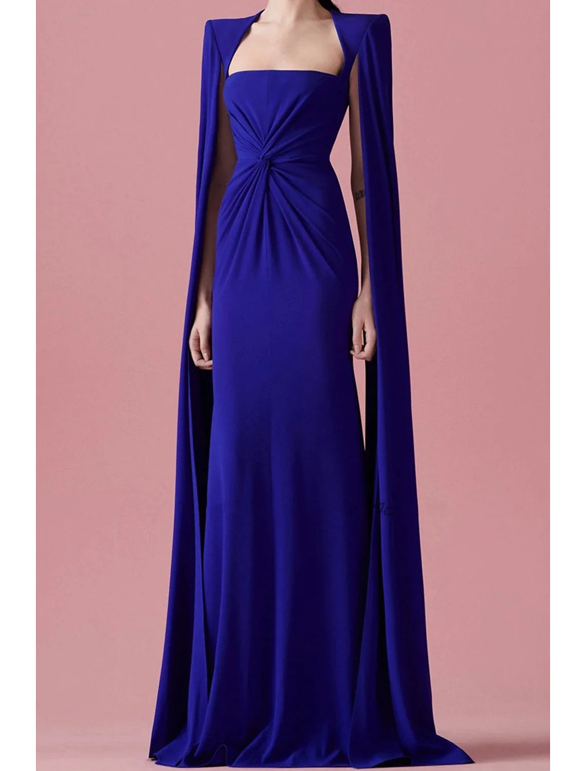 Back view of the A-line cape gown, highlighting the sweep train and elegant drape.