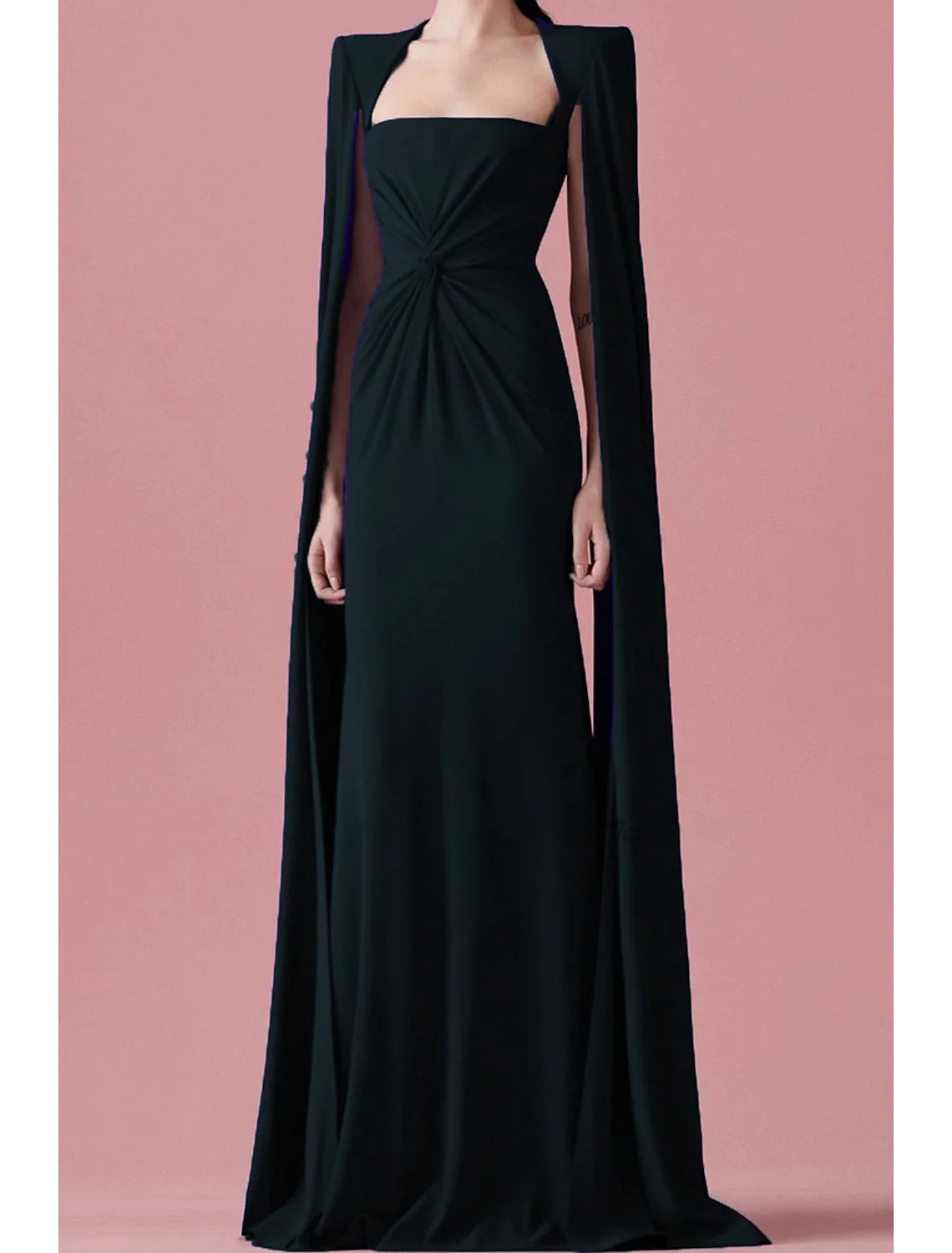 Close-up of the square neckline and ruched bodice of the A-line evening gown.