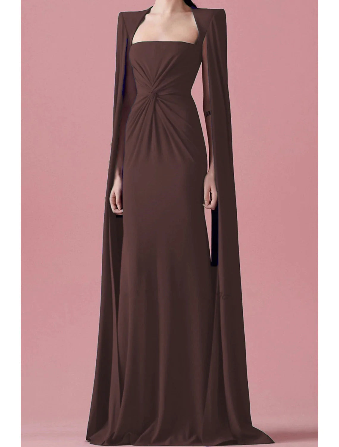 Full length view of the A-line cape dress, showcasing its flowing silhouette.