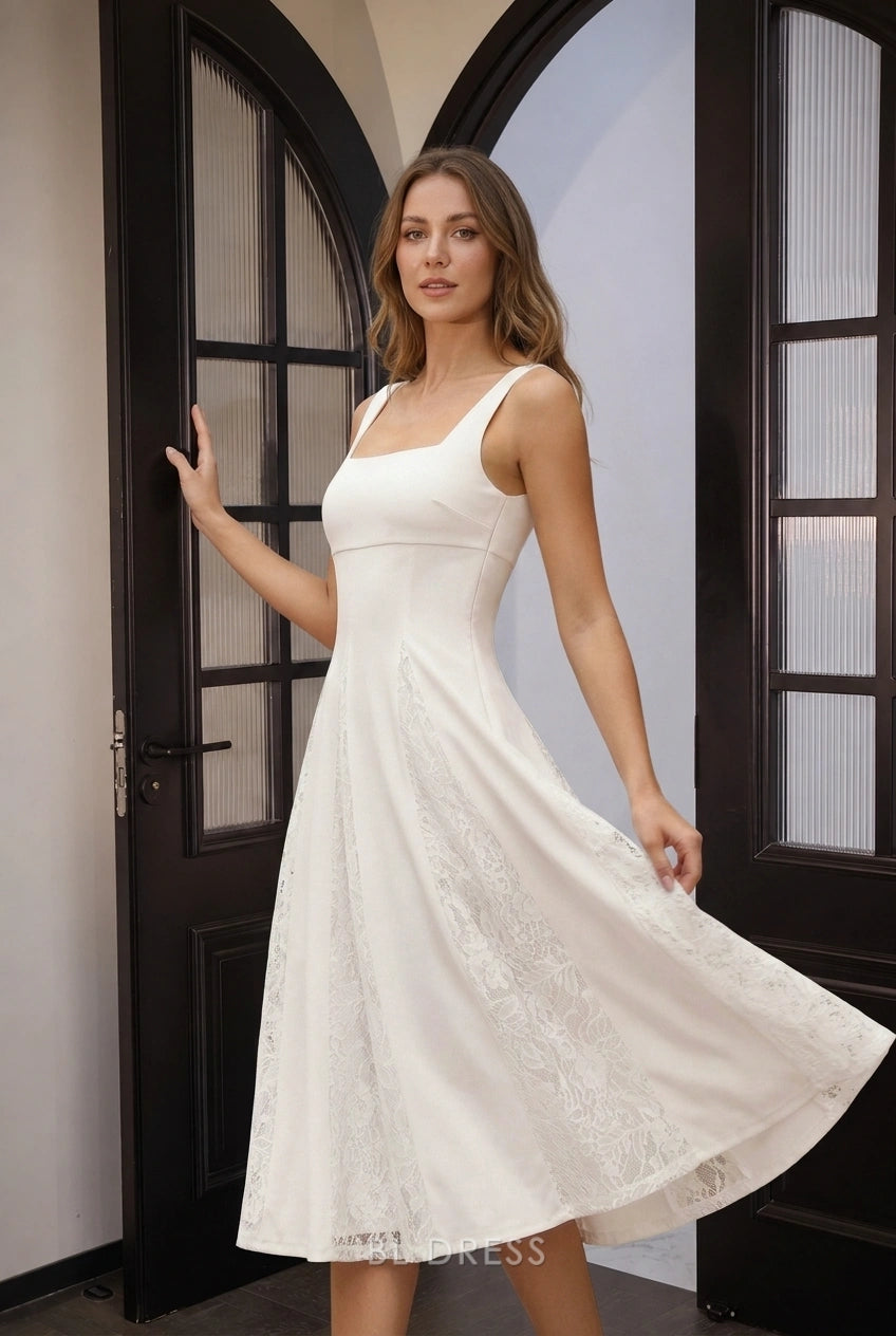 Side profile of the woman in the white square neck midi dress.