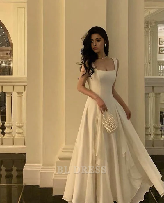 Elegant A-line square neck chiffon formal dress.