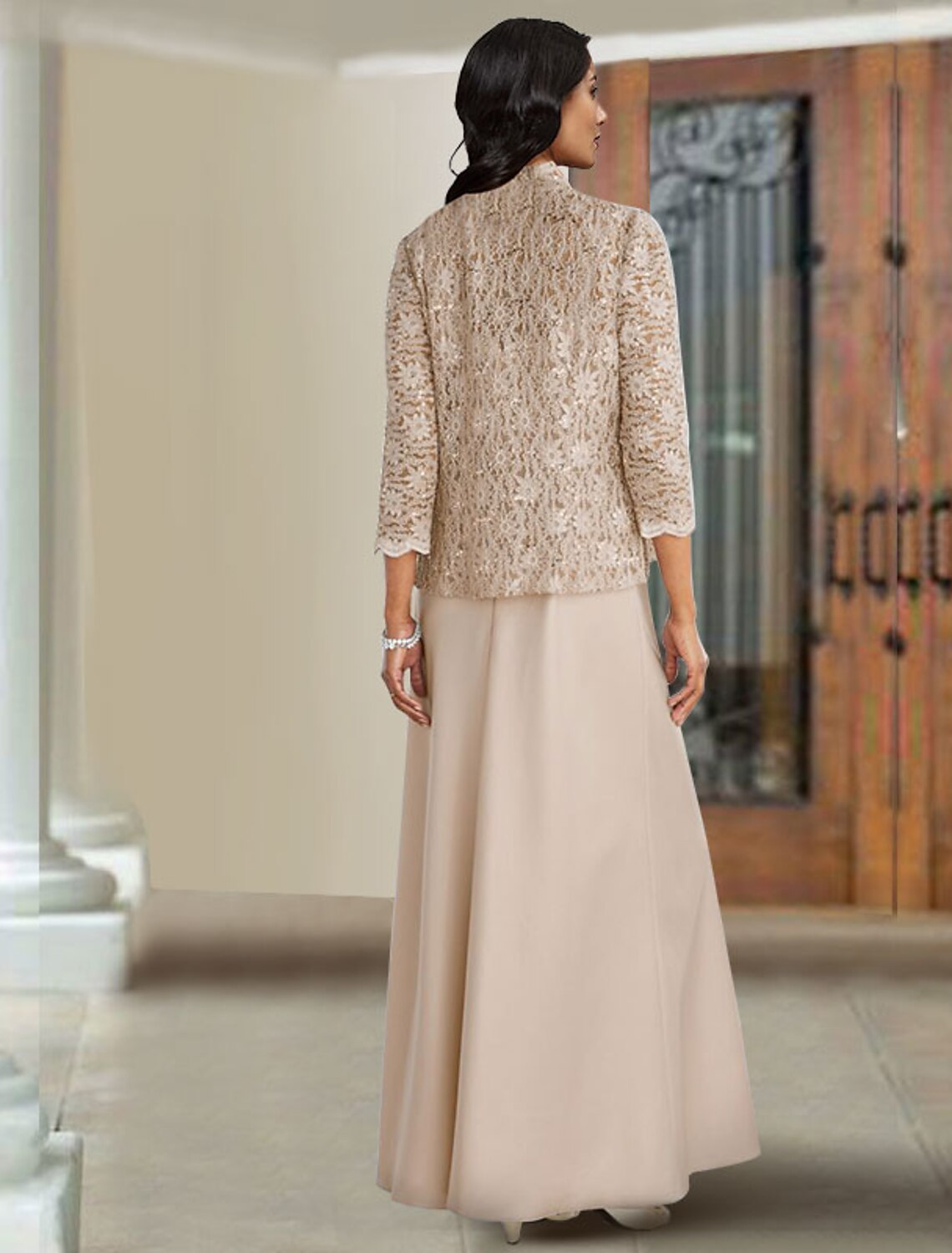 Side view of the floor-length Mother of the Bride dress in solid color.