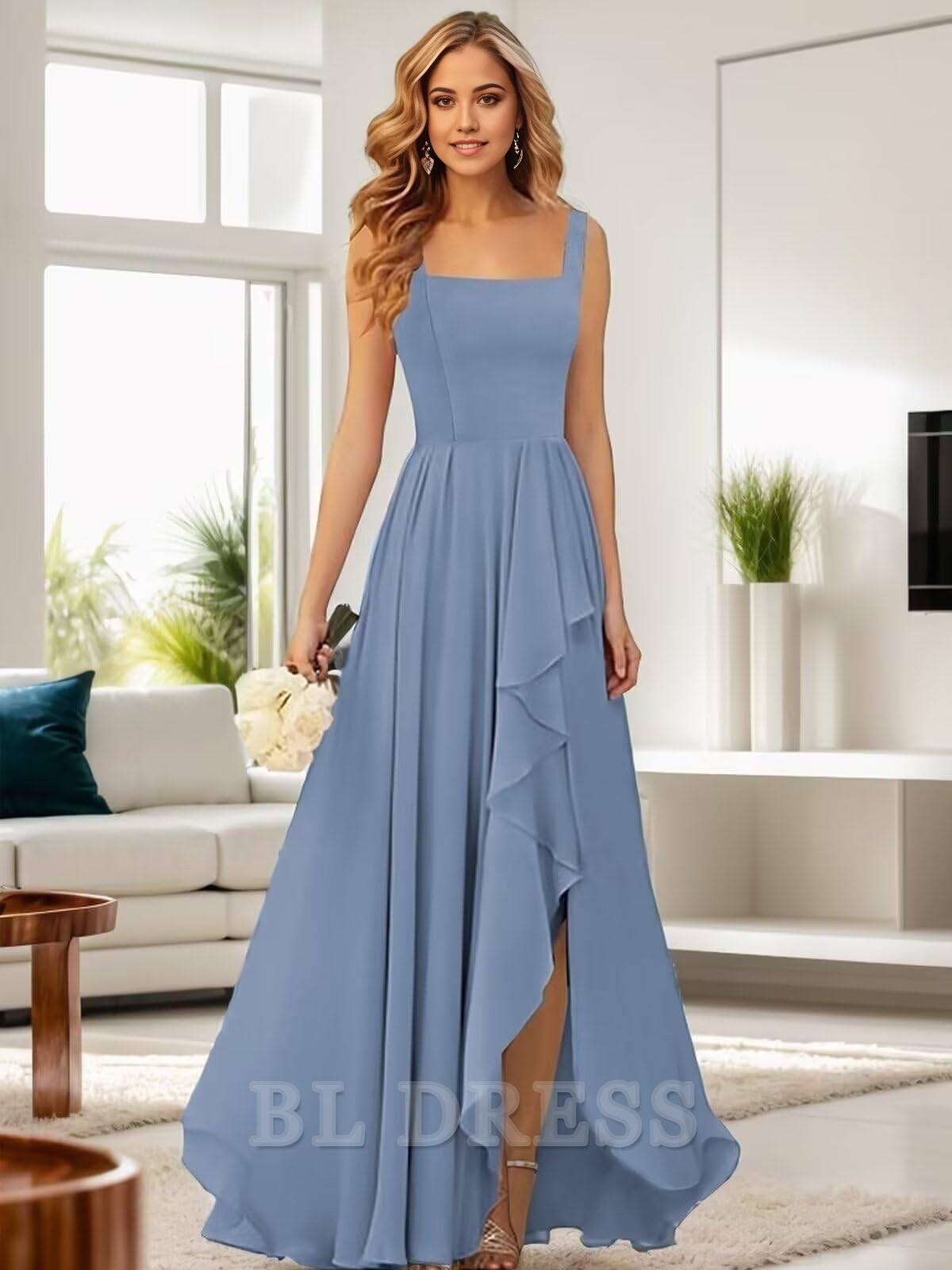 Back view of a light blue A-line square neck chiffon ruffle dress with a square neckline.