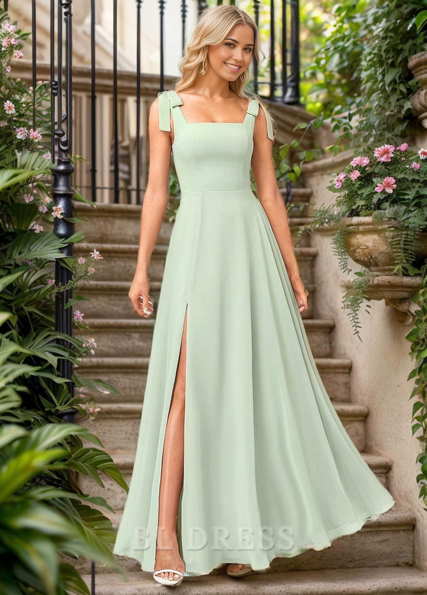 Back view of the A-line chiffon formal dress with a square neckline.