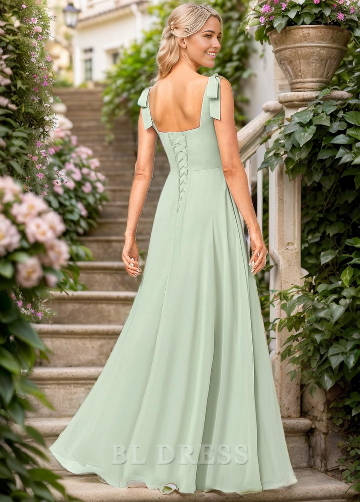 Side view of the flowing A-line chiffon dress, highlighting the slit detail.