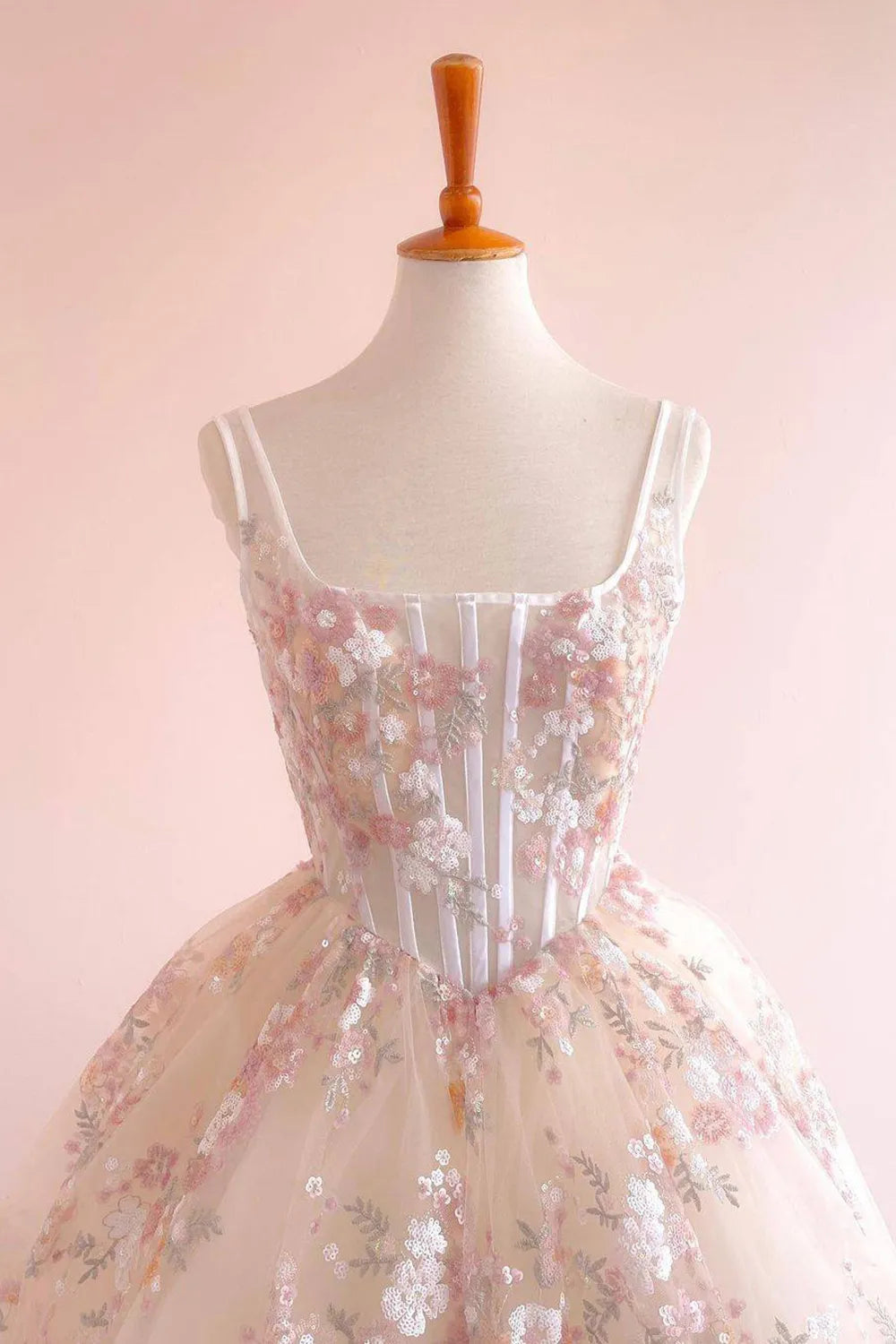Full length view of the light blue prom dress, highlighting the A-line silhouette.