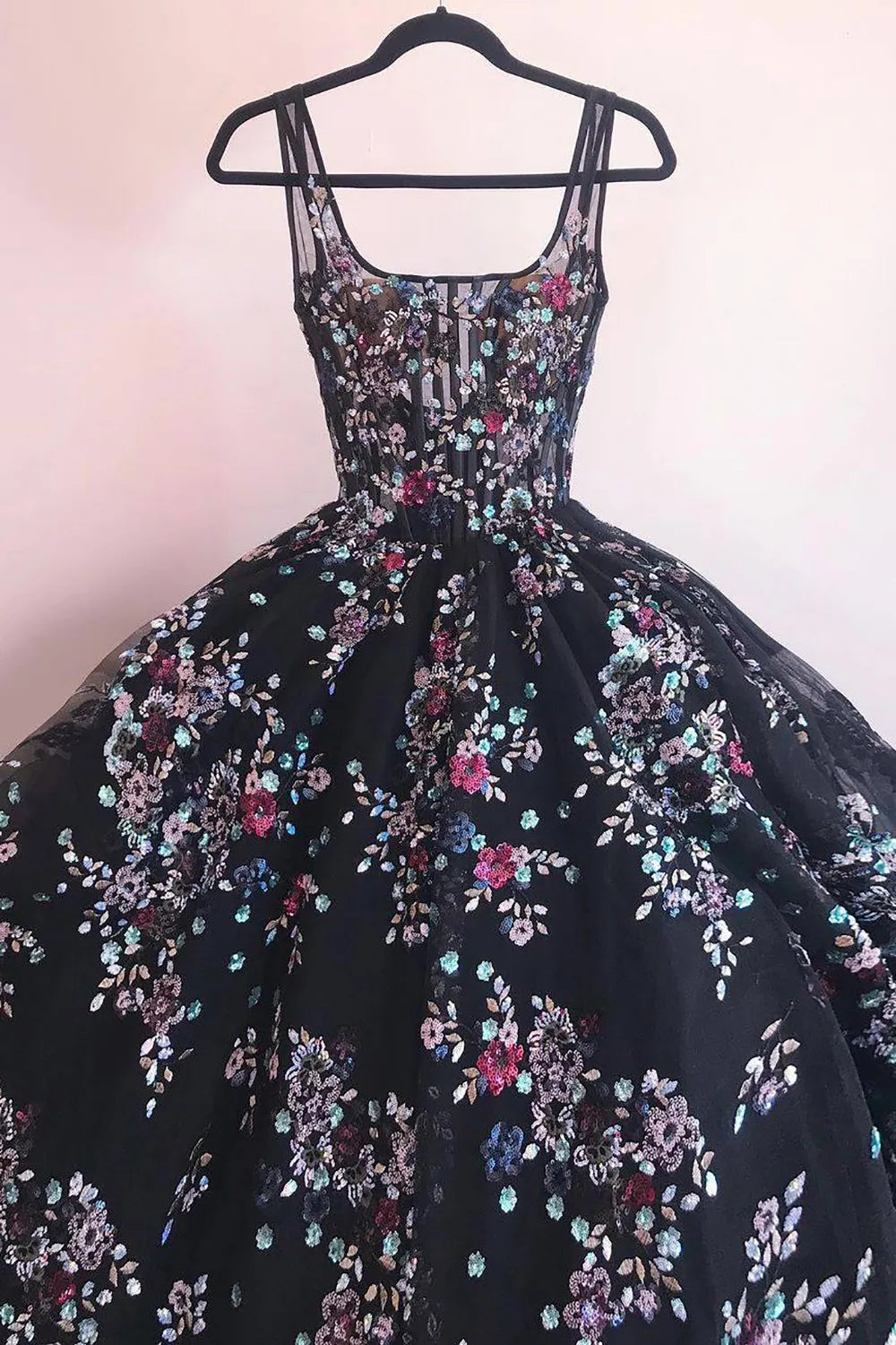 Detail of the delicate embroidery on the A-line square neck corset prom dress.