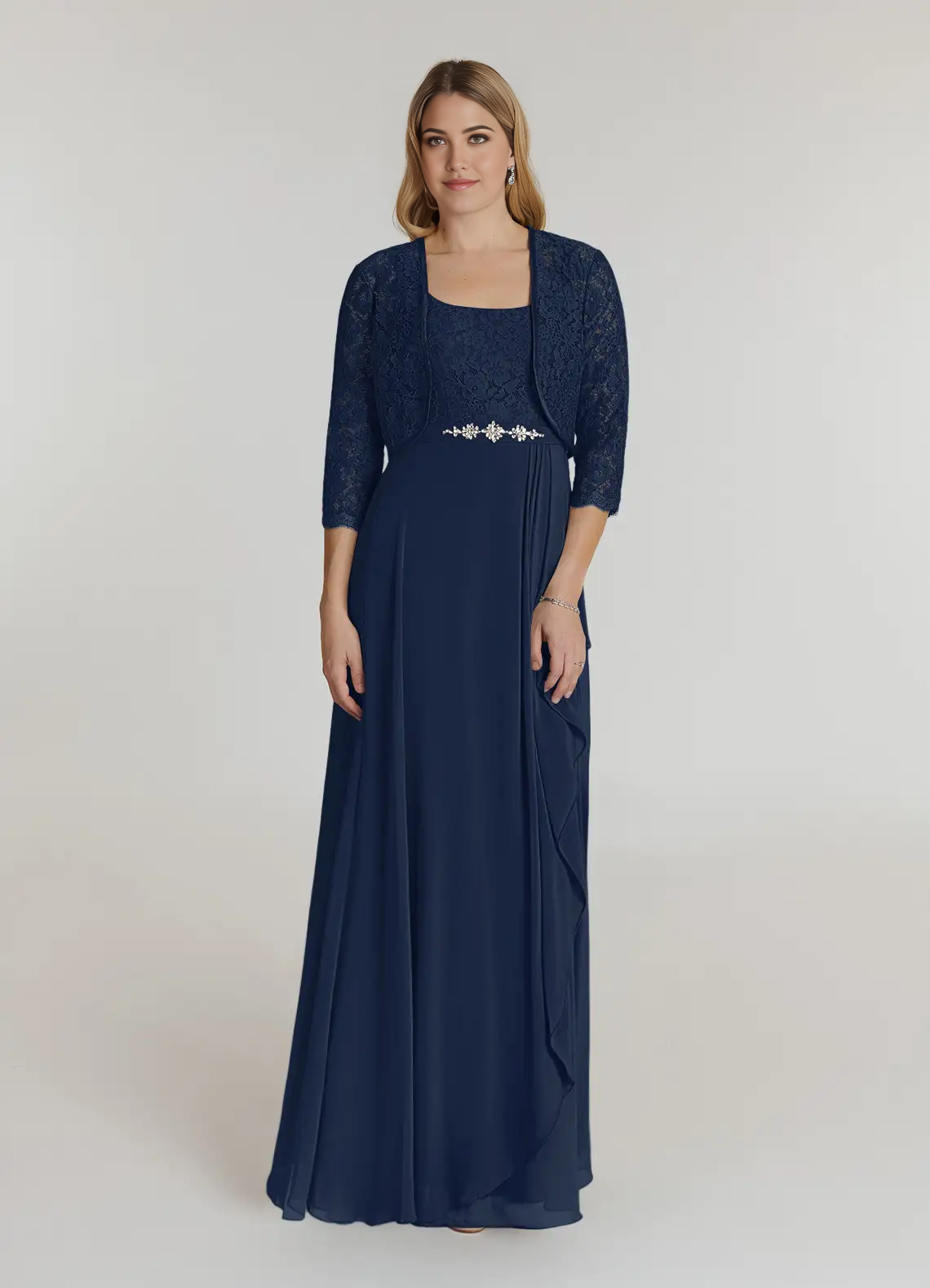 Back view of the dark navy A-line formal dress, showing flowing chiffon skirt.
